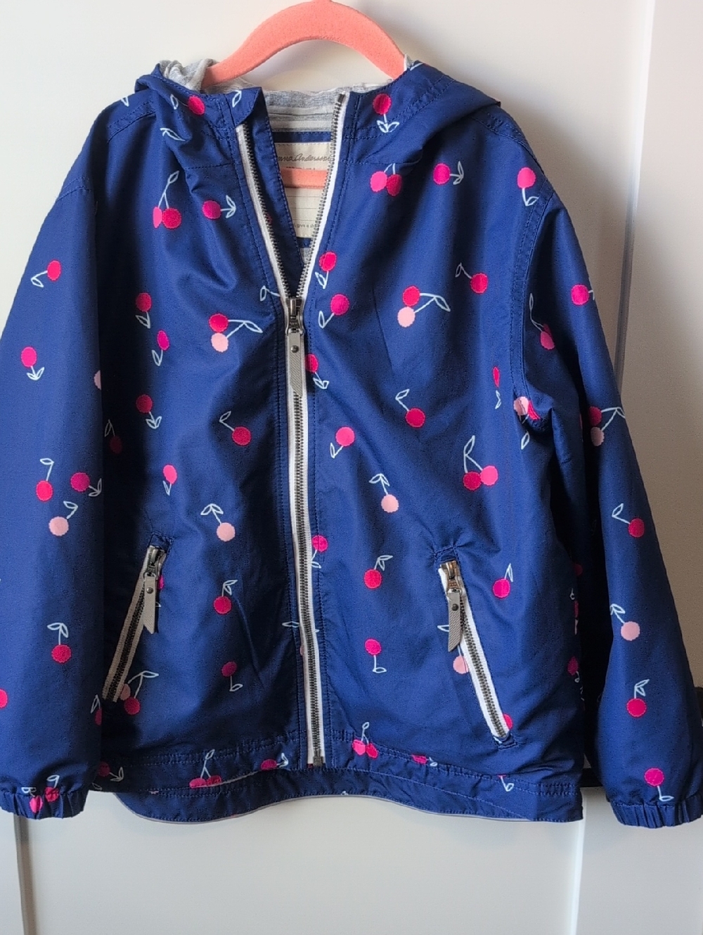 Hanna Andersson Navy Hooded Raincoat with Pink Cherry Print